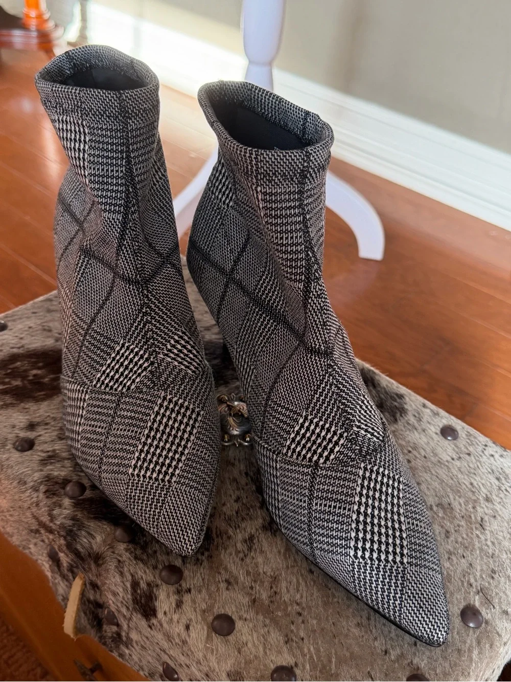 Saks Fifth Avenue Black & White Plaid Angola Pointed-Toe Booties NWT